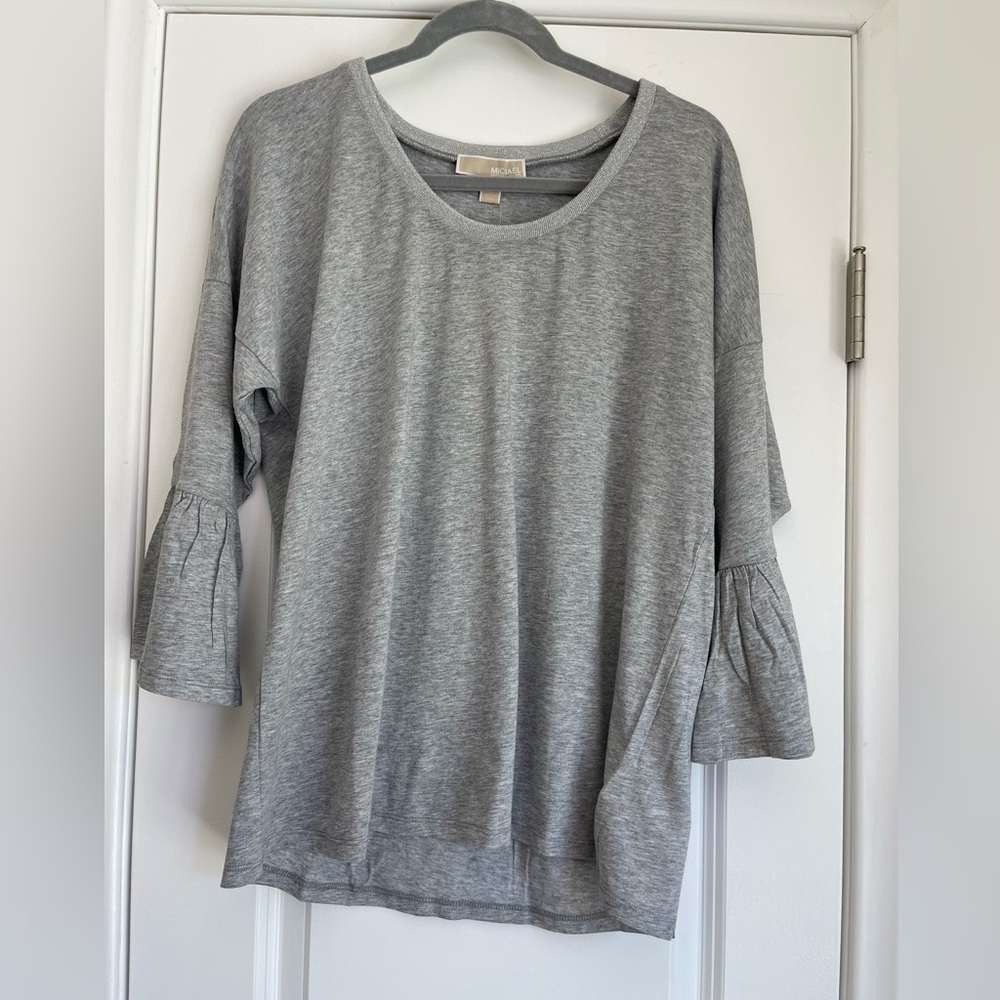 NWT Michal Kors Heather Gray 3/4 Length Bell-Sleeve Top Metallic Trim Large